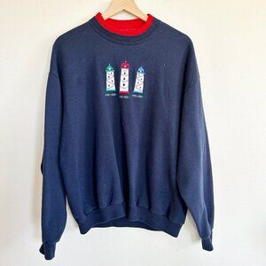 Vintage Top Stitch Sweatshirt Christmas Lighthouse Dbl Collar Grandma